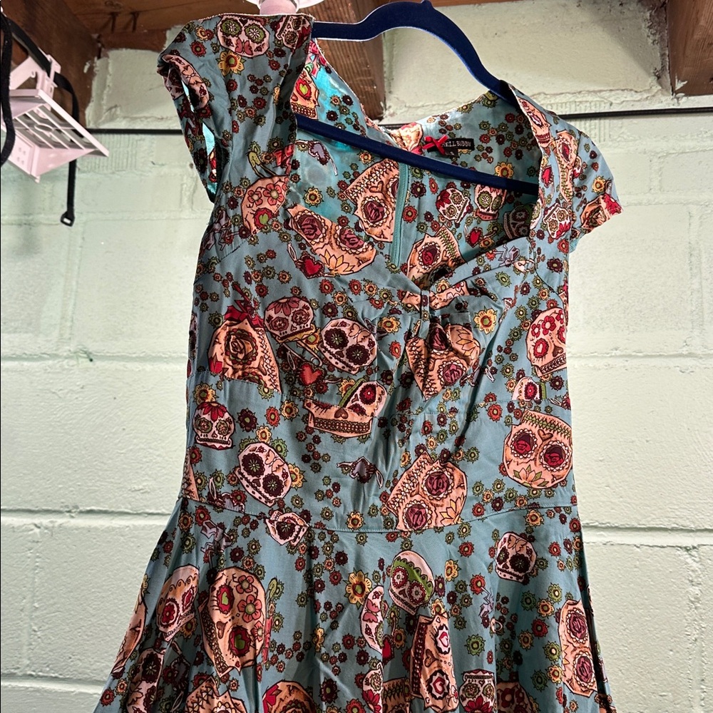 Teal Skull Print Dress w/ Pockets